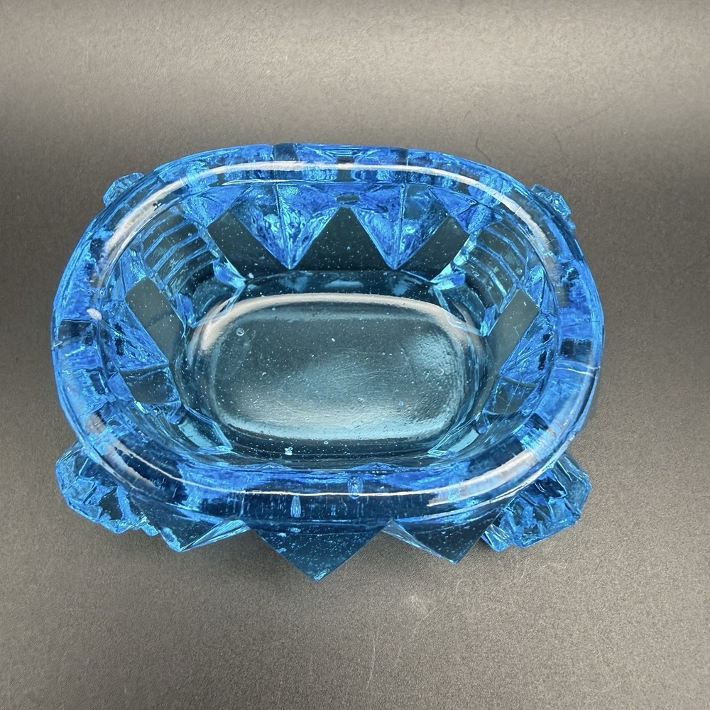 Art Deco Blue Depression Glass Master Salt Cellar Footed Geometric Zipper Design - Picture 8 of 13